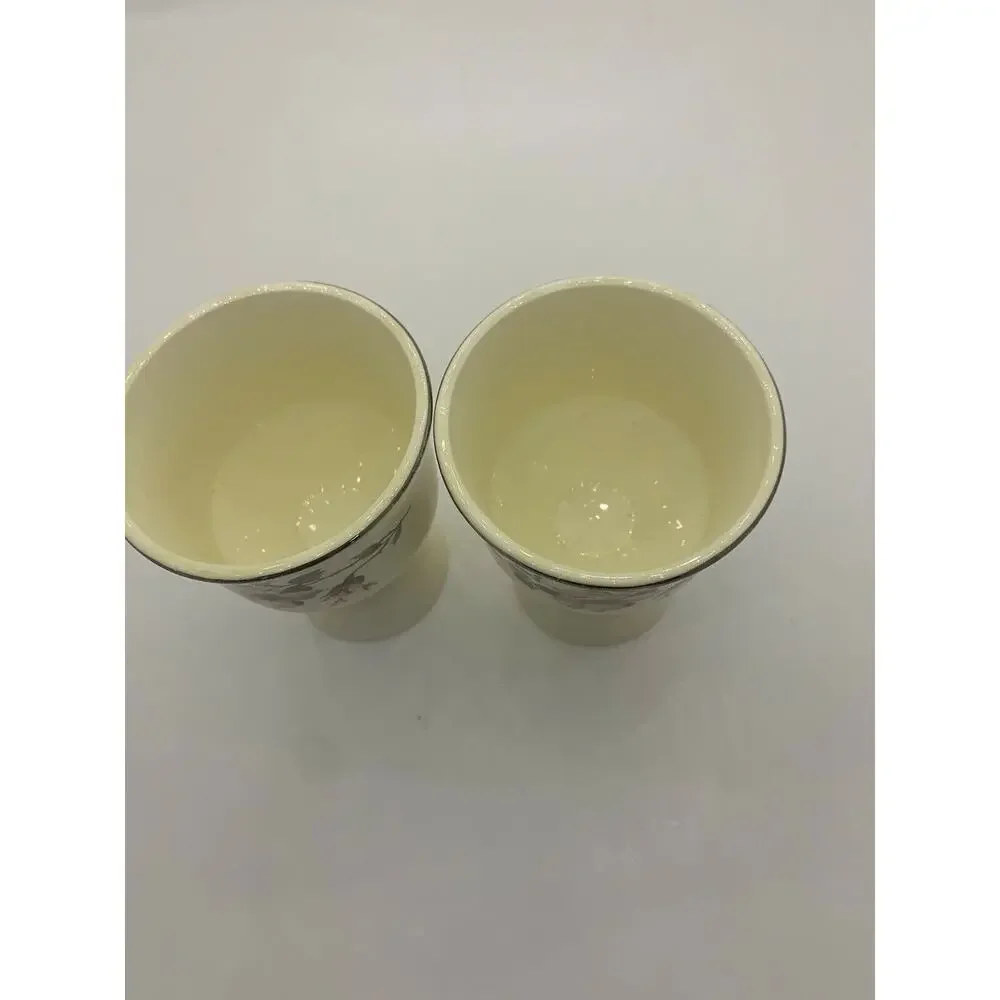✨ Vintage Cream Ceramic Floral Egg Cups w/ Silver Rim - Set of 2 ✨